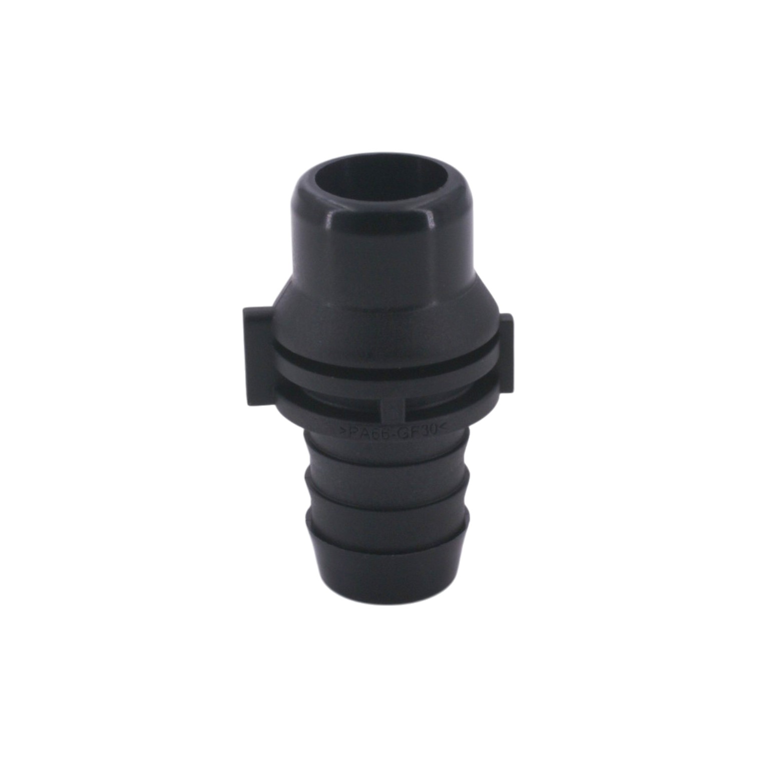 NORMAQUICK PS3 NW16 Doppelstutzen, schwarz, gefertigt aus robustem PA66-GF30 Kunststoff für sichere Schlauchverbindungen der Nennweite 16. Schwarzer Doppelstutzen NORMAQUICK PS3 NW16 aus PA66-GF30 für Schlauchverbindungen auf weißem Hintergrund.