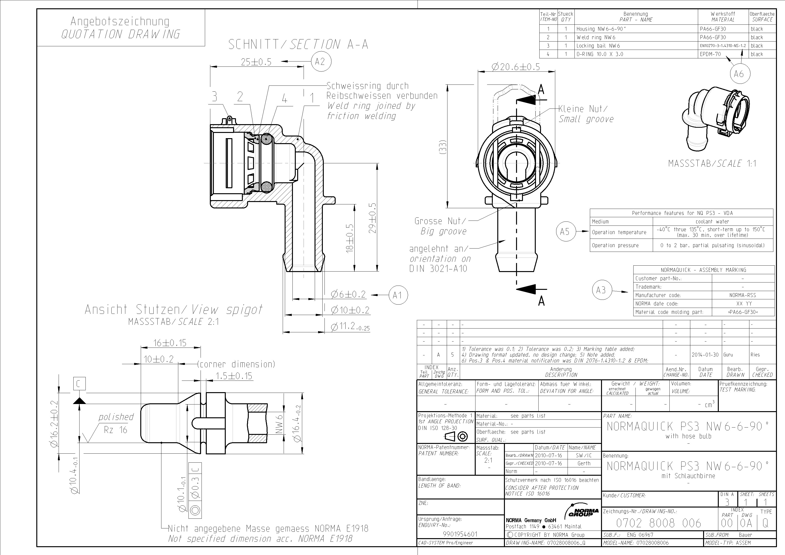 NORMAQUICK PS3 NW6-6-90° Schnellkupplung mit Schlauchbirne Technisches Datenblatt Technisches Produktblatt für einen NORMAQUICK PS3 NW6-6-90° Schnellkupplungsstutzen mit Schlauchbirne, detailliert mit Schnittansichten, Maßangaben, Materialinformationen und Leistungsmerkmalen für Kühlwasseranwendungen.
