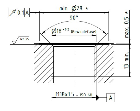 Technische Zeichnung mit den Detailmaßen für den VDA-Einschraub-Stecknippel NW 12 - M18x1.5 für NORMAQUICK PS3, inklusive Gewindeprofil M18x1.5 ISO 6H, Fase Ø18 mit Toleranz +0.2 und min. Ø28, sowie Angaben zu Tiefe und Toleranzen.