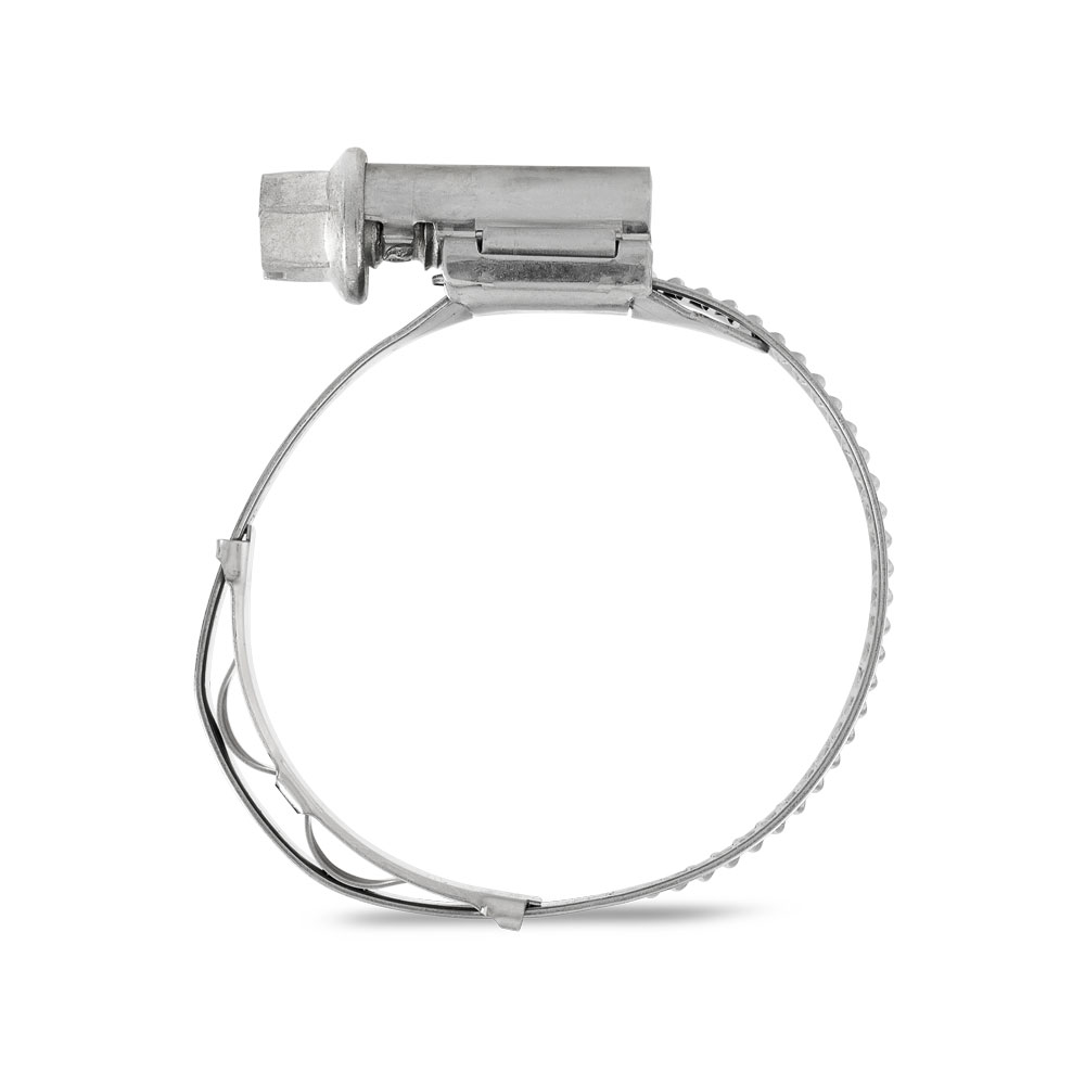 Robuste silberne Schlauchklemme aus Metall mit Schneckengewinde-Antrieb und Wellfeder für sichere Befestigung von Schläuchen und Rohren. Silberne Metall-Schlauchklemme mit Schneckengewinde-Antrieb und Wellfeder