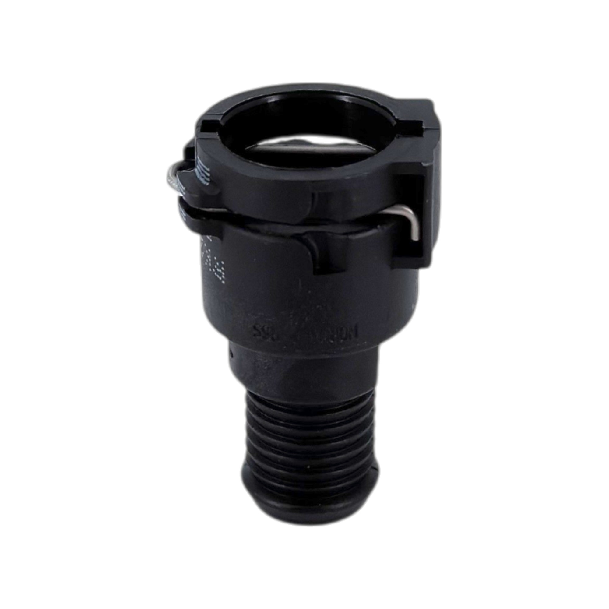Schwarze NQ-PS3 Steckverbindung NW 08 - 0° - EPDM mit Gewindeteil und Klemmmechanismus, auf weißem Hintergrund.