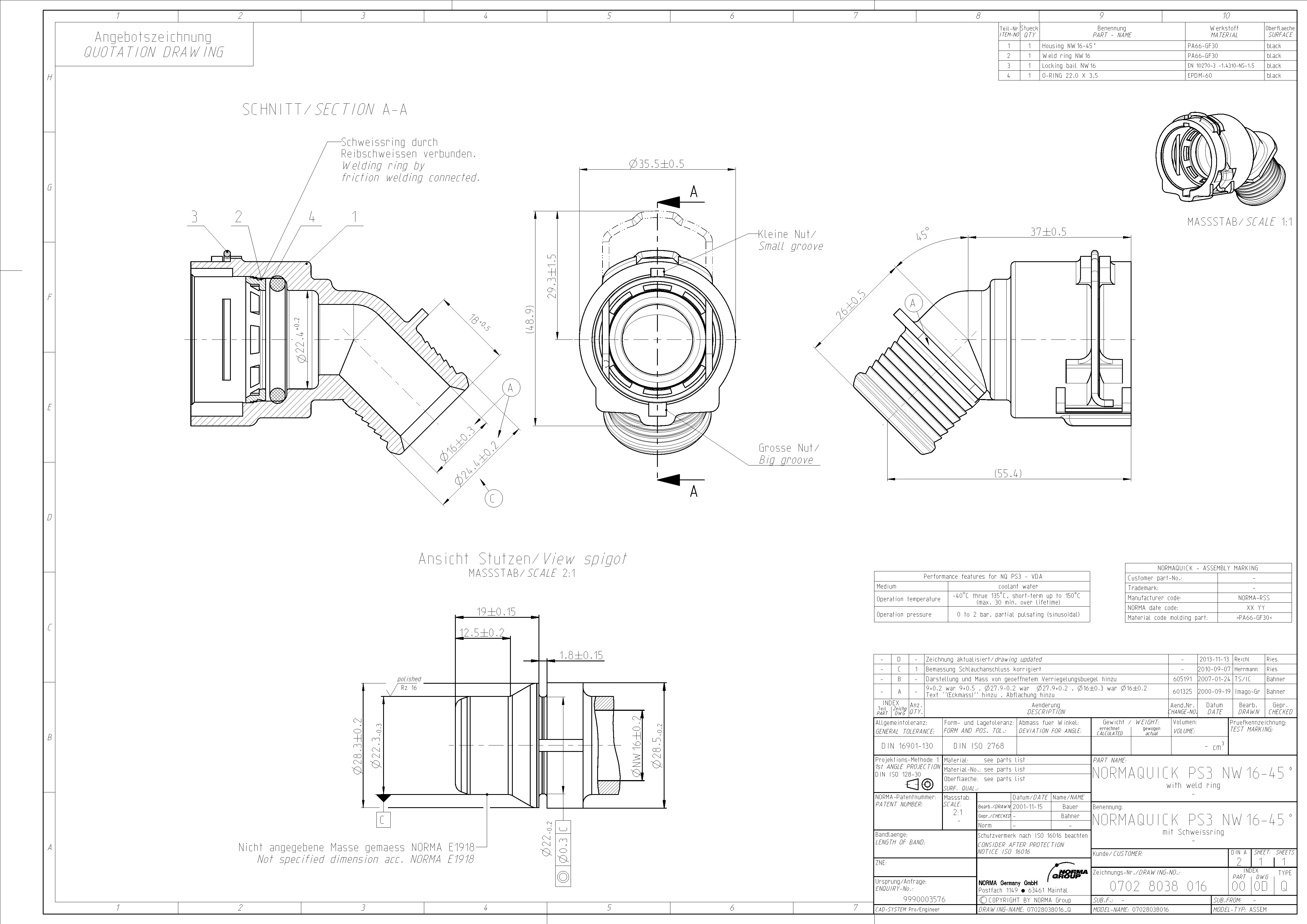 NQ-PS3 Steckverbindung NW 16 - 45° - EPDM NQ-PS3 Steckverbindung NW 16 - 45° - EPDM