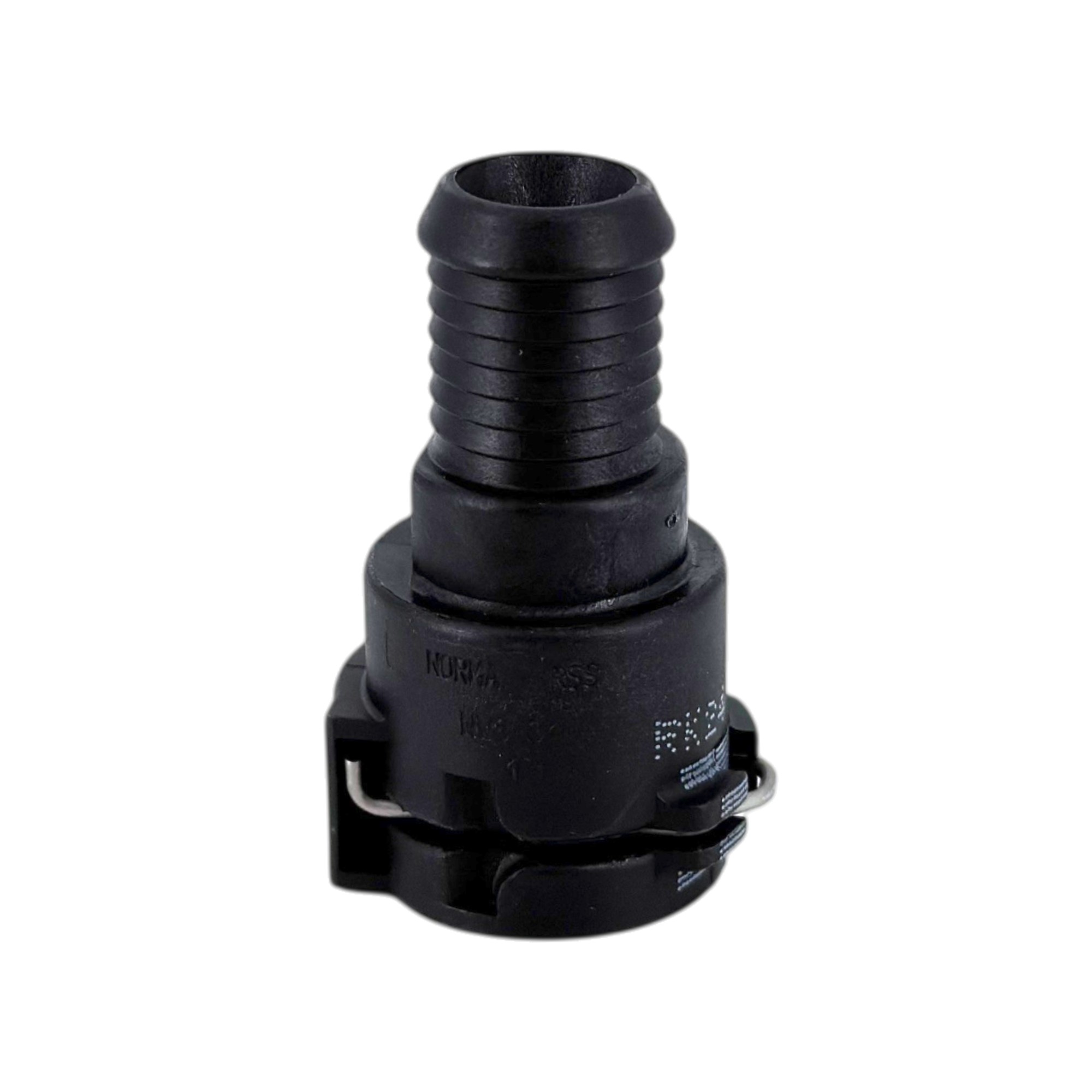 Schwarze NQ-PS3 Steckverbindung NW 08 - 0° aus EPDM mit geripptem Schlauchanschluss und Metall-Schnellverschluss-Mechanismus, auf weißem Hintergrund.