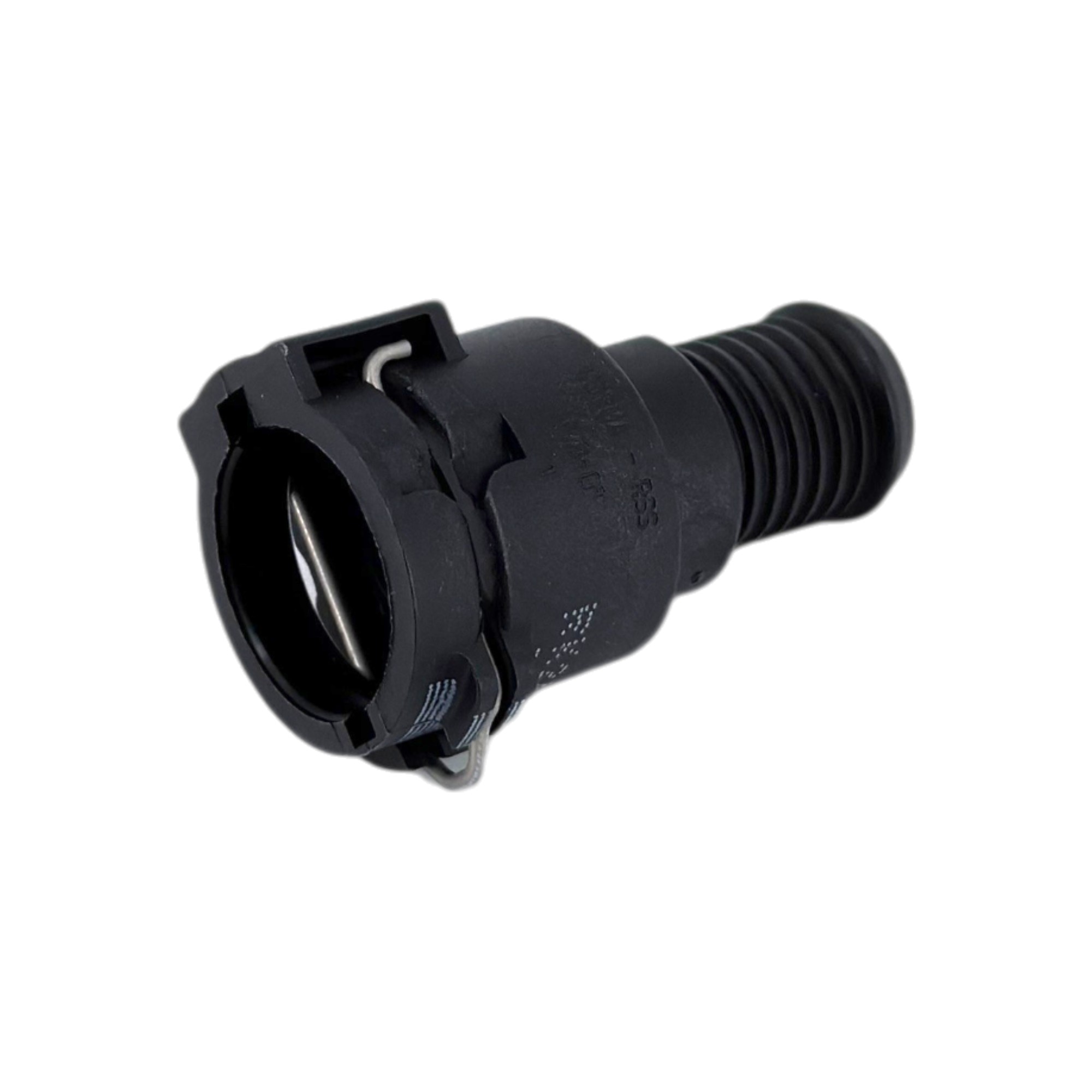 NQ-PS3 Steckverbindung NW 08 - 0° - EPDM. Schwarzer Schnellverschluss-Stecker mit geripptem Schlauchanschluss.