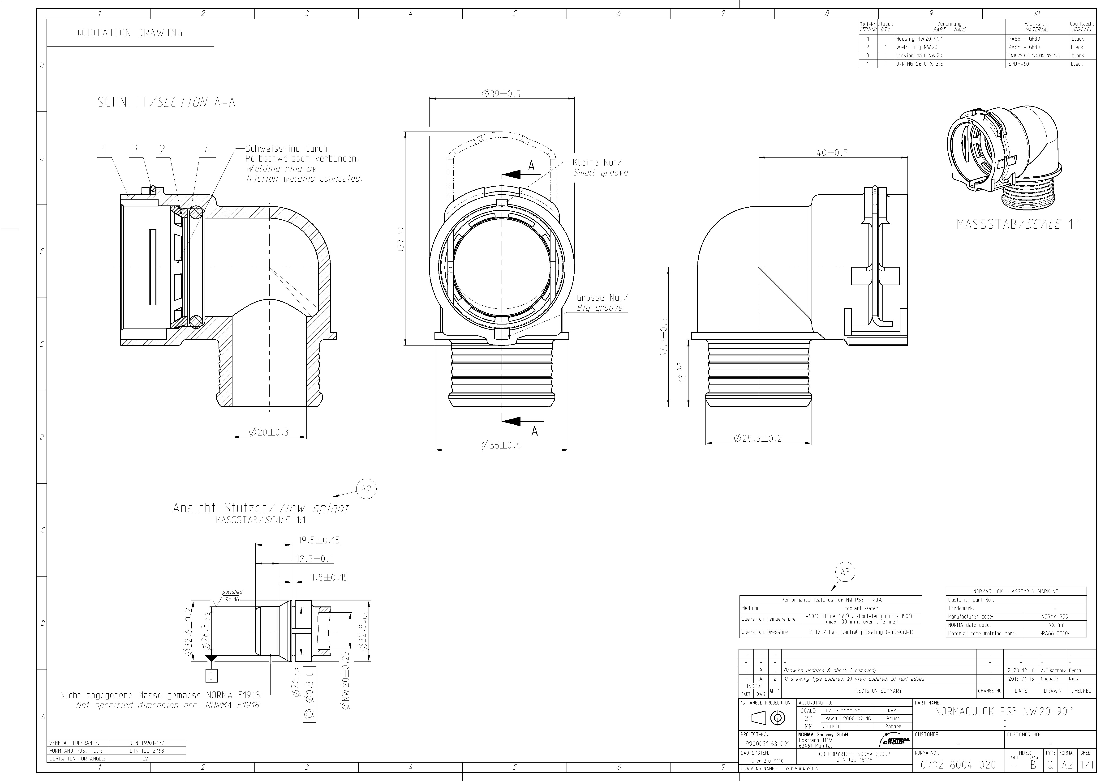 Detaillierte technische Spezifikation des NORMAQUICK PS3 NW 20-90° Winkelverbinders aus PA66-GF30 und EPDM-60. Beinhaltet Schnittansichten, Maßangaben und Materialdetails für eine Reibschweißverbindung. Technisches Zeichnungsdokument des NORMAQUICK PS3 NW 20-90° Winkelverbinders, dargestellt in verschiedenen Ansichten einschließlich Schnitt und isometrischer Darstellung, mit Bemaßungen.